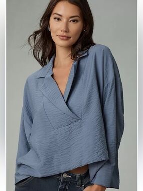 Anthropologie Dylon Slate Blue V-Neck Collared Blouse Textured Small